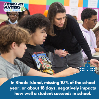 Photo of students in classroom. Text reads in Rhode Island, missing 10% of the school year, or about 18 days, negatively impacts how well a student succeeds in school.