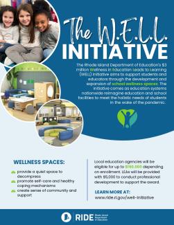WELL Initiative flyer includes a photo of elementary school students smiling and two photos of wellness furniture. 