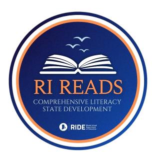 Logo for RI Reads: Comprehensive Literacy State Development, RIDE, Rhode Island Department of Education