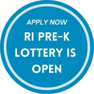 Blue circle button announcing RI Pre-K Lottery