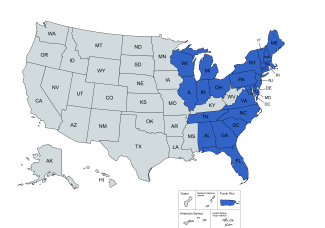 Alabama, Connecticut, Delaware, District of Columbia, Florida, Georgia, Illinois, Indiana, Maine, Maryland, Massachusetts, Michigan, New Hampshire, New Jersey, New York, North Carolina, Ohio, Pennsylvania, Puerto Rico, South Carolina, Tennessee, Vermont, Virginia, Wisconsin