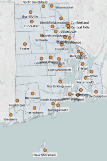 RI map with locations of Math Matters RI summer learning programs