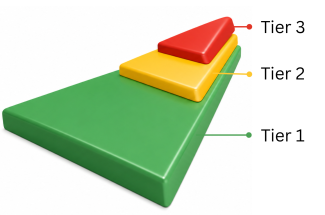 Tiered support pyramid: Tier 1 forms the widest green base, Tier 2 is a narrower yellow layer above it, and Tier 3 is the smallest red layer at the top, showing that fewer students need each higher level of support.