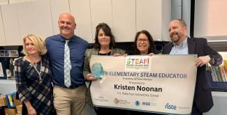 From left to right: Warwick Superintendent Lynn Dambruch, Robertson Elementary Principal Brian Dillon, Kristen Noonan, RI STEAM Center Director Dr. Lisa Bain, RI Energy Senior Manager of External Affairs Ted Kresse (Image Courtesy Leah Ann Hazelwood).